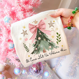 Oh Come Let Us Adore Him Pink Bow Tree DTF Heat Transfer, Christmas-themed pink Christmas tree with a gift bag featuring a decorated pine tree with pink bow and festive design.