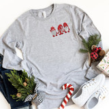 Winter Gnomes Pocket Screen Print Heat Transfer, festive holiday sweatshirt with three gnome designs on the front.