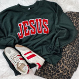 JESUS Fluffy Chenille Patch, green sweatshirt with red and white embroidered JESUS patch, white sneakers with red stripes, and leopard print pants.