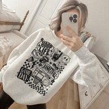 Hoop Life Basketball Collage DTF Heat Transfer, black and white graphic design on a white sweatshirt featuring basketball elements, basketball hoop, game day text, and sports icons