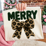 Faux Yarn Merry Leopard Bow DTF Heat Transfer, Christmas decorative sign with green yarn 'MERRY' letters and a leopard print bow, ideal for holiday craft projects.