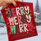 Merry Christmas Stacked Pattern DTF Heat Transfer, festive Christmas-themed textile with colorful patterned letters and snowflake designs.