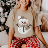 Faux Yarn Leopard Snowman DTF Heat Transfer, festive snowman design made with faux yarn and leopard print details, perfect for holiday decorating and apparel embellishments.