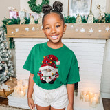 Faux Yarn Christmas Gnome DTF Heat Transfer, with a girl wearing a Christmas shirt featuring a yarn Santa gnome design.