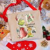 Diabolical Scheme DTF Heat Transfer, Christmas-themed fabric with Dr. Seuss character illustration, holiday decorations, and ornaments.
