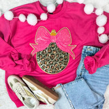 Pink Glitter Bow Leopard Ornament Sequin Patch, a decorative patch with a pink glittery bow on top of a leopard print ornament design.