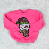 YOUTH Pink/Green Snowman Sequin Patch, pink sweatshirt featuring a snowman with a glittery pink hat and green scarf, designed as a sequin patch for winter fashion.