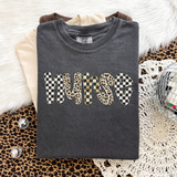 Pattern Nurse DTF Heat Transfer, a sweatshirt with a leopard and checkered pattern design spelling 'muse' on a folded dark grey shirt.