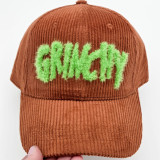 Grinchy Green Fluffy HAT Patch, brown corduroy baseball cap with bright green fuzzy embroidered 'GRINCHY' text.