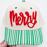 Merry Red Fluffy HAT Patch, a detailed image of a beige baseball cap with a red fluffy embroidered "Merry" patch and a green striped brim.