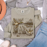 Vintage Mallard Ducks DTF Heat Transfer, vintage-style artwork of mallard ducks in a nature scene with water and reeds.