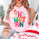 Faux Yarn Oh What Fun Snowman DTF Heat Transfer, a colorful snowman embroidery design on a pink t-shirt.