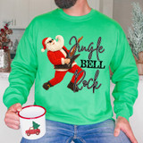Faux Yarn Jingle Bell Rock Santa DTF Heat Transfer, knitted Santa playing guitar with the words 'Jingle Bell Rock' on a bright green sweatshirt.