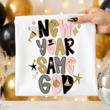 Retro New Year Same God, DTF Heat Transfer, colorful New Year celebration design on fabric for holiday apparel and decorations.