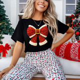 Faux Yarn Santa Christmas Bow DTF Heat Transfer, red and white yarn bow with gold buckle, festive holiday design for Christmas apparel.