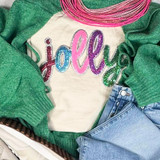 Multicolor Jolly Sequins Patch, vibrant embroidered patch with multicolored glittery sequins spelling 'hello' on a white shirt, paired with green sweater and blue denim jeans.