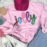 Multicolor Jolly Sequins Patch, colorful glittering sequin patch spelling 'jolly' on pink casual sweatshirt with white sneakers and denim in background.