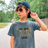New Year Crew 2026 Pattern DTF Heat Transfer, a festive and stylish design on a gray t-shirt worn by a young boy outdoors.