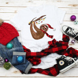Christmas Winter Sloth Plaid Scarf Sublimation Transfer, festive illustration of a sloth wearing Christmas accessories holding a decorated stick, holiday-themed design on a white T-shirt