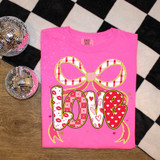 Patterned Love Coquette DTF Heat Transfer, pink T-shirt with love letter design, bow graphic, and various heart patterns.
