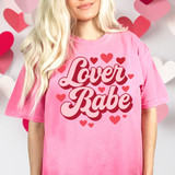 Lover Babe Retro DTF Heat Transfer, pink T-shirt with the text 'Lover Babe' surrounded by red and pink hearts.