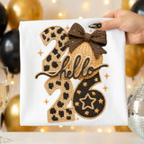 Faux Yarn Patterned Hello 2026 DTF Heat Transfer, embroidered fabric design of the number 2026 with faux yarn pattern, leopard print, and a bow, perfect for New Year celebrations.