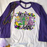 Ain't No Shame In My Bead Game DTF Heat Transfer, colorful Mardi Gras themed t-shirt with beads and decorative beads on the shoulder.