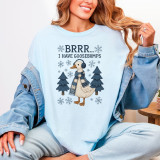Faux Embroidery BRRR… I Have Goosebumps DTF Heat Transfer, humorous embroidered design on a light blue sweatshirt featuring a goose with headphones and scarf amid snowflakes and trees.