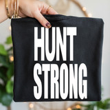 Product Hunt Strong DTF Heat Transfer, black T-shirt with large white text printed on it.