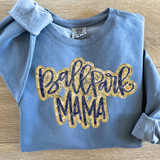 Faux Sequins Navy Ballpark Mama DTF Heat Transfer, navy blue sweatshirt with gold and navy blue glittery text design that says 'ballpark mama'.