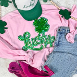 Retro Lucky Sequins Patch, green glitter shamrock and 'Lucky' text patch for clothing decoration.