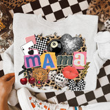 Mama Retro Mixed Pattern DTF Heat Transfer, colorful collage of various patterns and images including cherries, a tiger, dice, lips, and stars on a white sweatshirt.