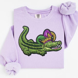 Mardi Gras Gator Sequins Patch, colorful sequined alligator patch with Mardi Gras hat on a lavender sweatshirt.