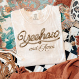 Yeehaw And Amen DTF Heat Transfer, white sweatshirt with brown cursive print of 'Yeehaw and Amen' on the front, shown on a patterned fabric background with accessories.