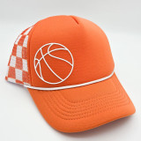 White Silicone Basketball HAT/POCKET Patch, orange baseball cap with a basketball design patch and checked patterned sides.