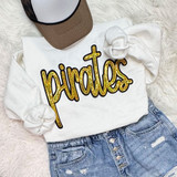 Pirates Gold Sequins Patch – School Spirit, a shiny gold sequin patch spelling 'pirates' in black outline on a white sweatshirt.