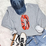 Basketball Number Sequin Patch, stylish casual outfit with grey sweatshirt, denim cap, white sneakers, and denim shorts.