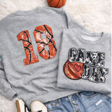 Basketball Number Sequin Patch, gray sweatshirt with number 18 sequin design and a corresponding sports-themed graphic tee.