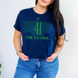 Your 41 Is Coming LIME DTF Heat Transfer, green text design on a navy blue T-shirt worn by a woman.