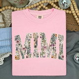 Boho Floral Names DTF Heat Transfer, floral patterned letters spelling MUM on pink t-shirt