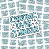 Chronic Overthinker Sticker Sheet, a collection of stickers featuring the phrase 'Chronic Overthinker' in blue and black font with star accents, on a background of multiple similar stickers.