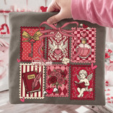 Cupid Stamp Collage DTF Heat Transfer, colorful Valentine-themed design featuring hearts, a key, a perfume bottle, a diary with feather, roses, and an angel reading a book.