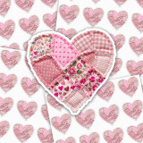 Patchwork Heart Sticker Sheet, a fabric sticker cutout shaped like a heart with pink patchwork quilt design including various pink and floral patterns.