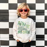 Retro Pushin' My Luck DTF Heat Transfer, image of a smiling boy wearing sunglasses and a sweatshirt with a design featuring a bulldozer and the phrase "Pushin' My Luck".