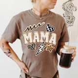 Faux Patch Mama Collage DTF Heat Transfer, a woman wearing a T-shirt with various patches and designs including the word 'MAMA', hearts, lightning bolt, and stars.