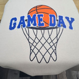 Basketball Game Day Fluffy and Glitter Patch, embroidered patch featuring a basketball and a hoop with the text 'Game Day' in blue, sparkling glitter design, suitable for sports apparel and accessories.