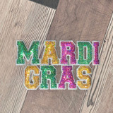 Mardi Gras Sequins Patch, colorful sequin patch spelling out 'MARDI GRAS' in vibrant colors with glitter and outlining details.