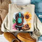 Western Boot With Flowers DTF Heat Transfer, artistic outdoor Western style cowboy boot with floral and gemstone details on a printed sweatshirt.