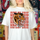 MC Band Tee DTF Heat Transfer, graphic t-shirt featuring a fierce roaring tiger face with the words Motely Crue repeated in the background.