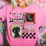 Stevie Nicks Collage Band Tee DTF Heat Transfer, colorful graphic of Stevie Nicks with accessories, mic, and musical elements on pink t-shirt.